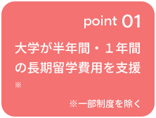 point 01 大学が半年間・１年間の長期留学費用を支援※ ※一部制度を除く