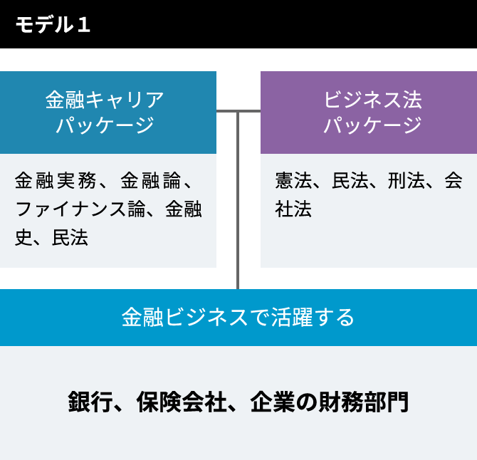 モデル1 「金融キャリアパッケージ：金融実務、金融論、ファイナンス論、金融史、民法」x「ビジネス法パッケージ：憲法、民法、刑法、会社法」=「金融ビジネスで活躍する：銀行、保険会社、企業の財務部門」