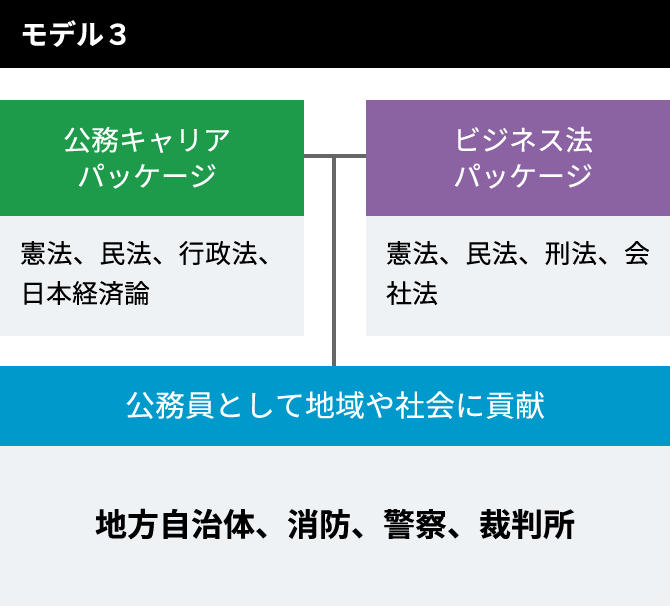 モデル3 「公務キャリアパッケージ：憲法、民法、行政法、日本経済論」x「ビジネス法パッケージ：憲法、民法、刑法、会社法」=「公務員として地域や社会に貢献：地方自治体、消防、警察、裁判所」